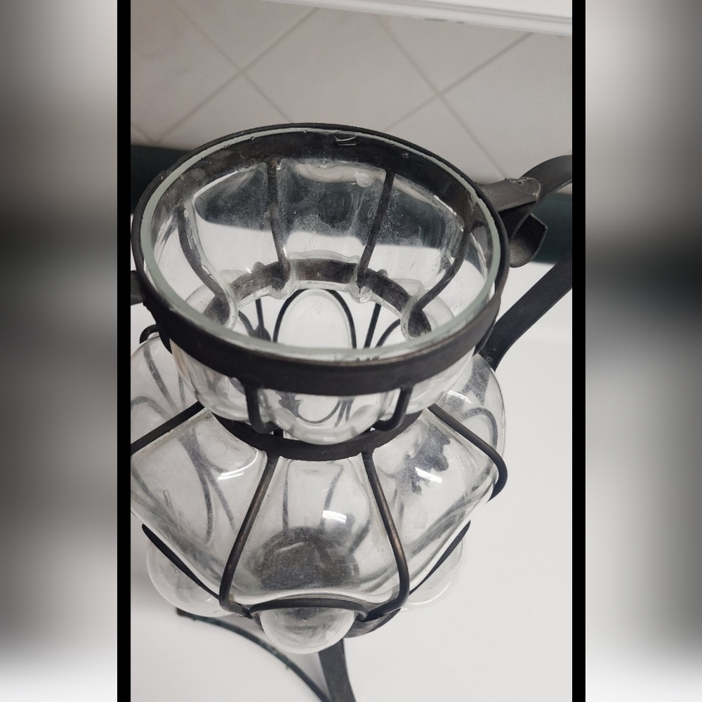 Large 15" tall Vintage Wrought Iron and Blown Glass Caged Vase with handles - Picture 7 of 7